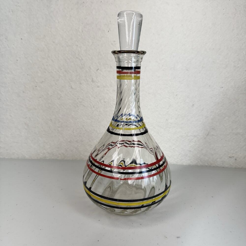 Anchor Hocking Depression Glass Decanter & Stopper Red Yellow Black Banded Rings